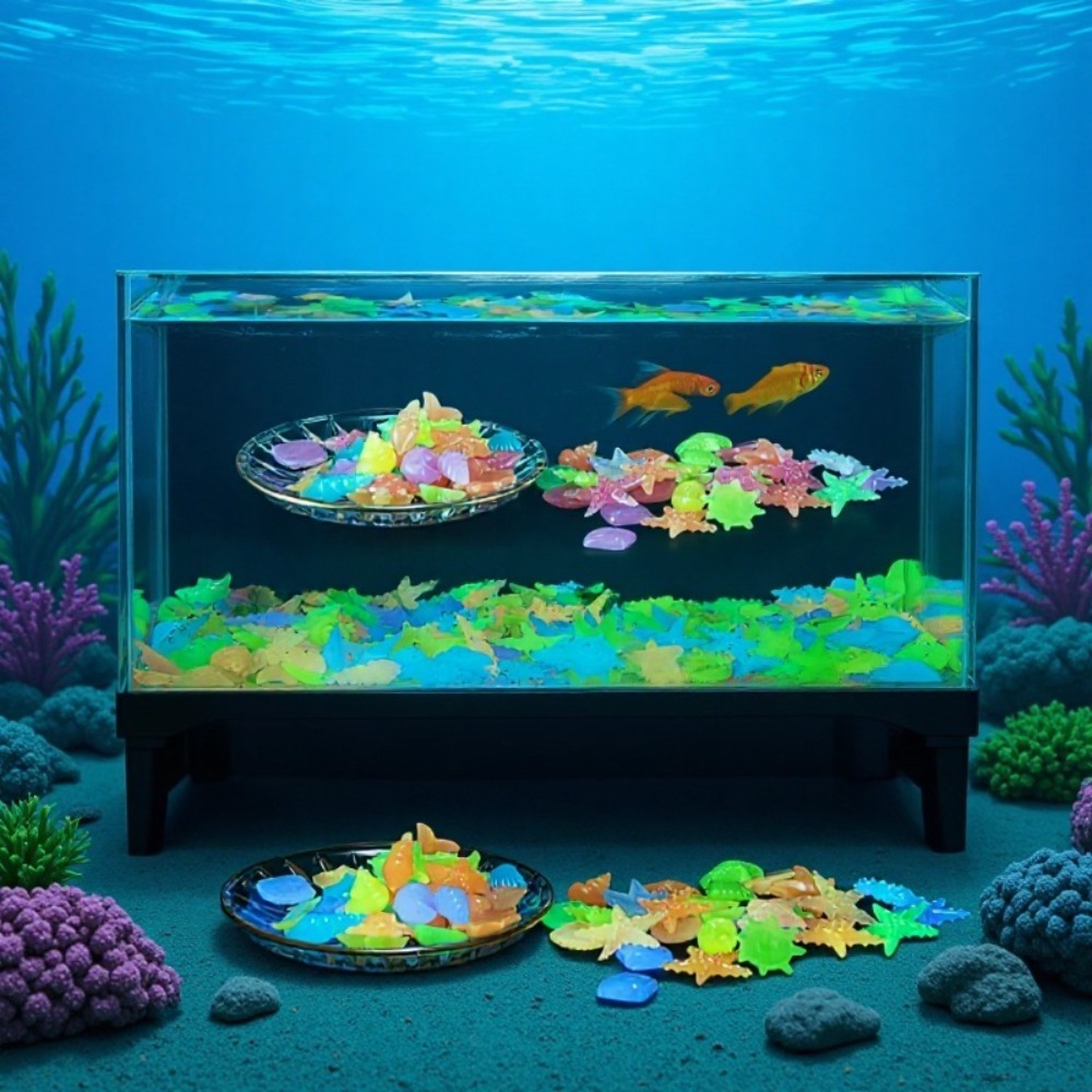 Aquarium Plant Ornament - 빛나는 해양석, 형광 조개껍데기, 화려한 불가사리